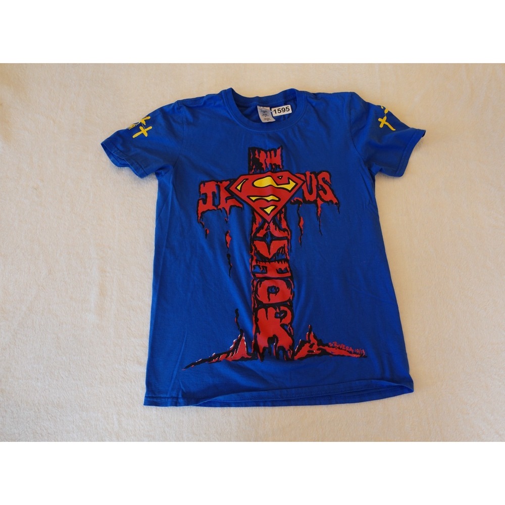 Jesus T-Shirt Superman Savior Fish Cross Sz Small Double Sided Sleeve Hits 2013